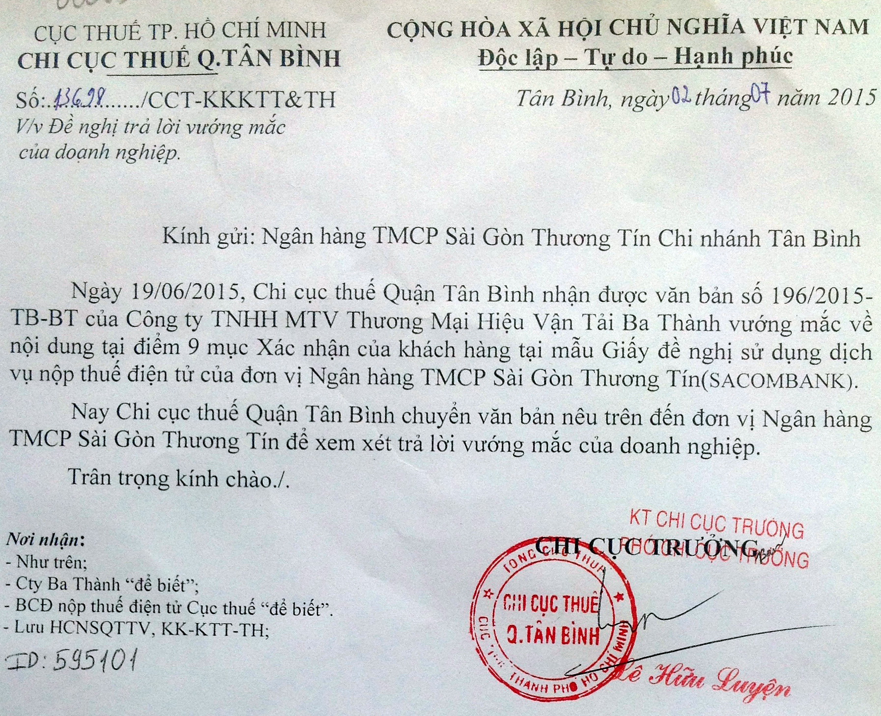 Văn bản số 13698/CCT-KKKTT&TH ngày 2/7/2015 của Chi cục thuế quận Tân Bình